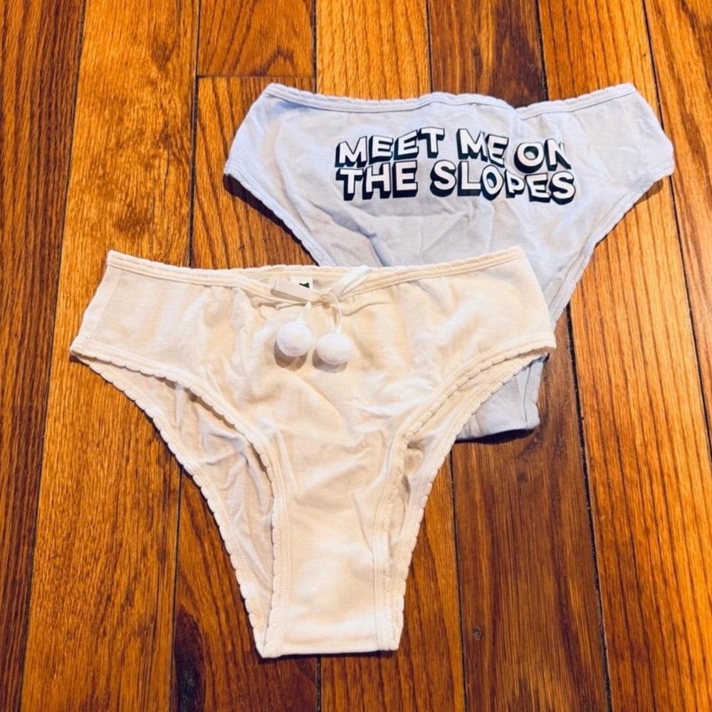 PINK Victoria's Secret Blue and Cream Pom-Pom Panty Set